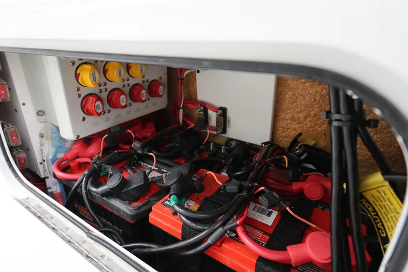 Slide: The Image of Electrical system of a 2017 Yellowfin 36 Offshore boat, featuring batteries and wiring. - 20