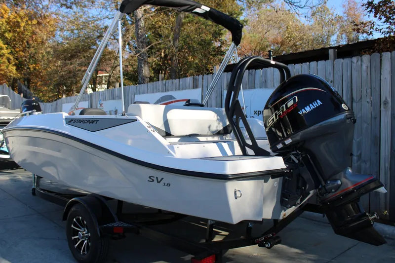 Slide: The Image of 2026 Starcraft SV 18 OB boat with Yamaha engine, parked outdoors. - 3