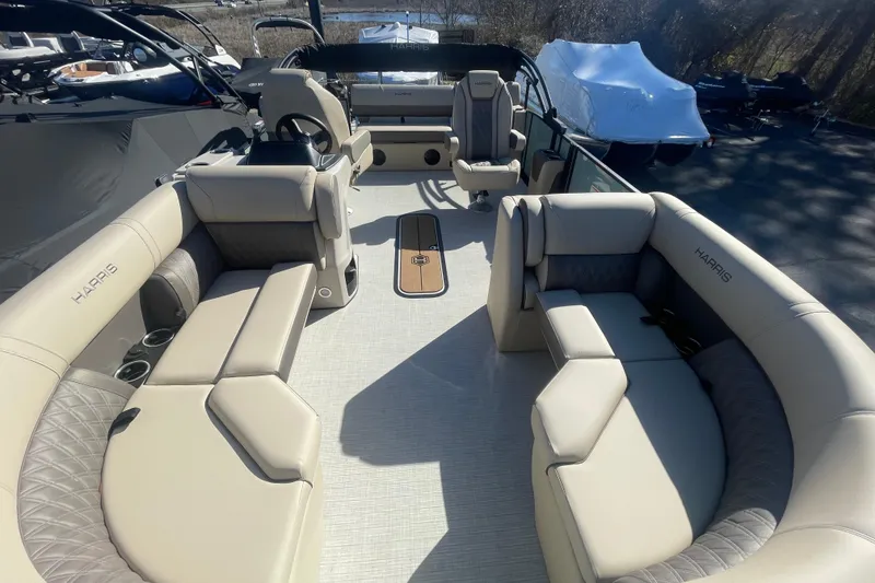 Slide: The Image of 2026 Harris Cruiser 210 pontoon boat interior with luxurious seating and modern design. - 6