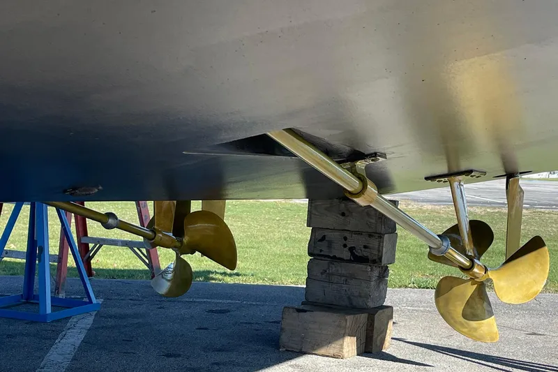 Slide: The Image of 2013 Carver C34 boat propellers and shafts on dry dock. - 46