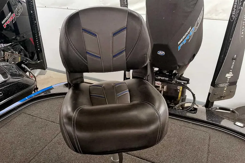 Slide: The Image of Nitro Z20 2022 boat seat with black leather and blue accents. - 38