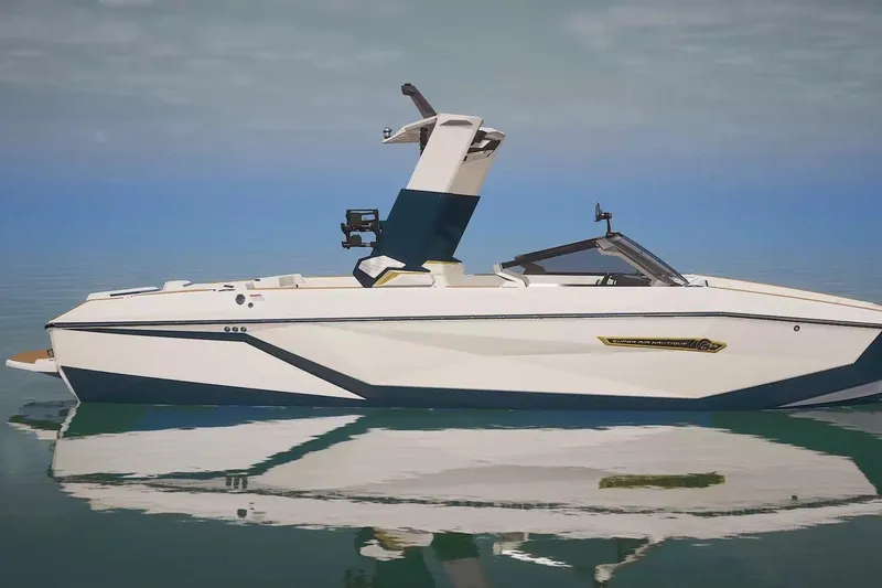 Slide: The Image of 2026 Nautique Super Air Nautique G25 boat on calm water, side view. - 12