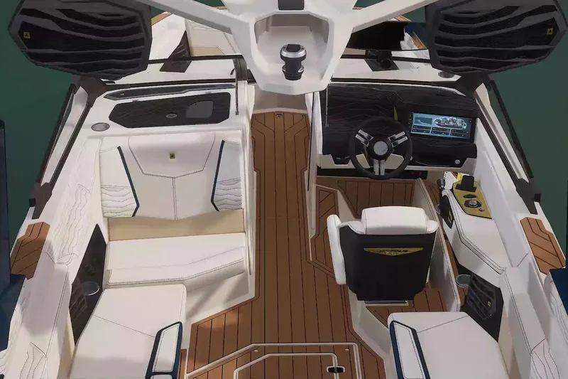Slide: The Image of 2026 Nautique Super Air Nautique G25 interior with luxurious seating and modern dashboard. - 3