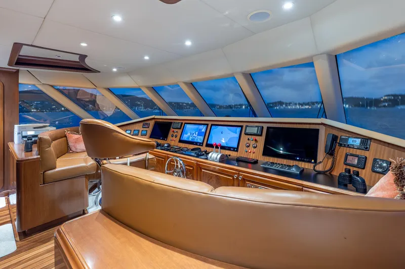 Slide: The Image of Luxurious helm of 2001 TRINITY Tri-Deck MY yacht with panoramic windows and advanced navigation systems. - 22