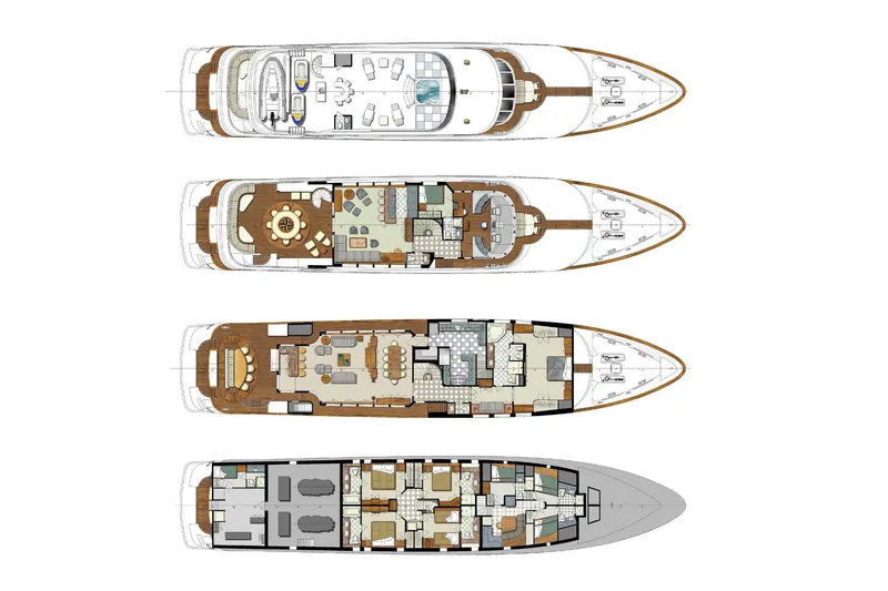 Slide: The Image of Deck layout of 2001 TRINITY Tri-Deck MY yacht, showcasing multiple levels and amenities. - 50