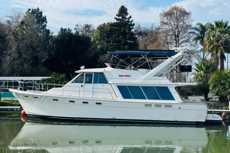 The Image of 1987 Bayliner 4550 Motoryacht docked on calm water, surrounded by trees. - 0