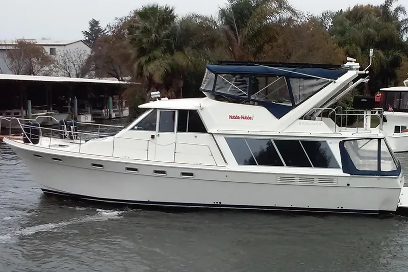 Slide: The Image of 1987 Bayliner 4550 Motoryacht cruising on a calm waterway, surrounded by lush greenery. - 2