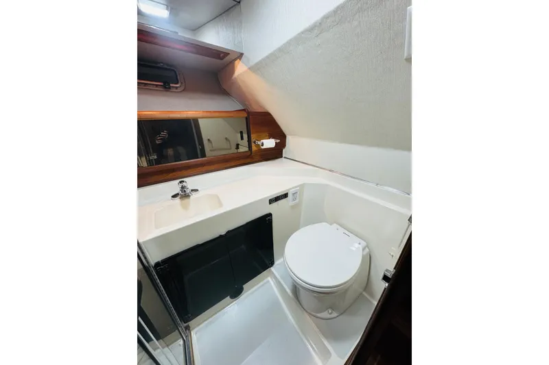 Slide: The Image of 1987 Bayliner 4550 Motoryacht bathroom with sink, toilet, and mirror. - 73