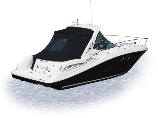 Slide: The Image of 2012 Sea Ray Sundancer boat with black canopy on water. - 3
