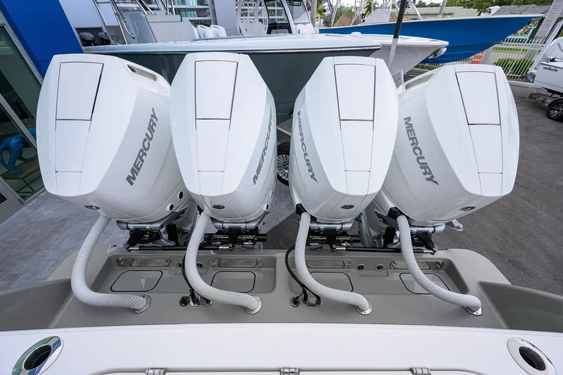 Slide: The Image of 2025 Valhalla Boatworks V-41 with four powerful Mercury outboard engines. - 43