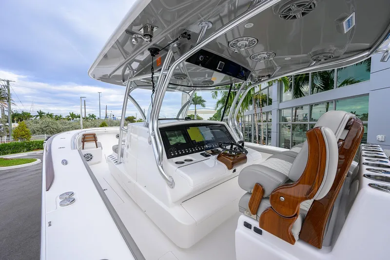 Slide: The Image of 2025 Valhalla Boatworks V-41 cockpit with advanced navigation system and luxurious seating. - 8