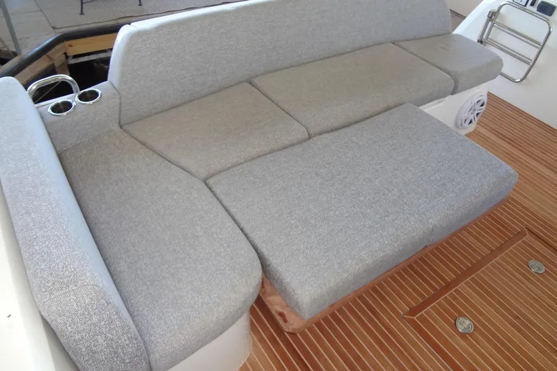 Slide: The Image of Modern sink on 2023 Prestige 420S yacht, featuring sleek chrome faucet and integrated design. - 18