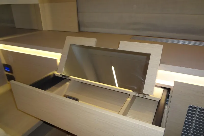 Slide: The Image of Modern shower area in 2023 Prestige 420S yacht, featuring sleek fixtures and glass enclosure. - 63