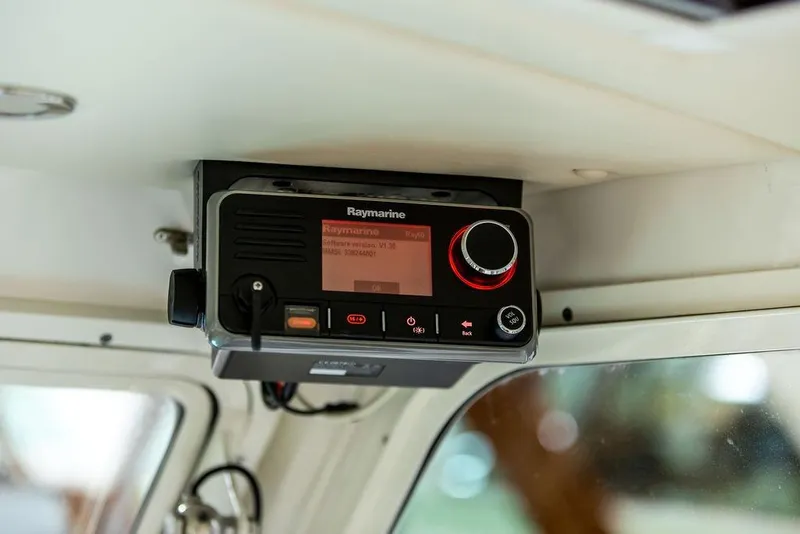 Slide: The Image of Raymarine marine radio installed in a 2018 MJM 35z boat cabin. - 15