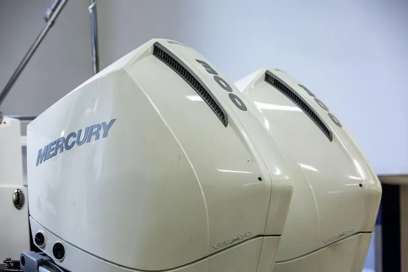 Slide: The Image of Twin Mercury Verado 300 outboard engines on a 2018 MJM 35z boat. - 5