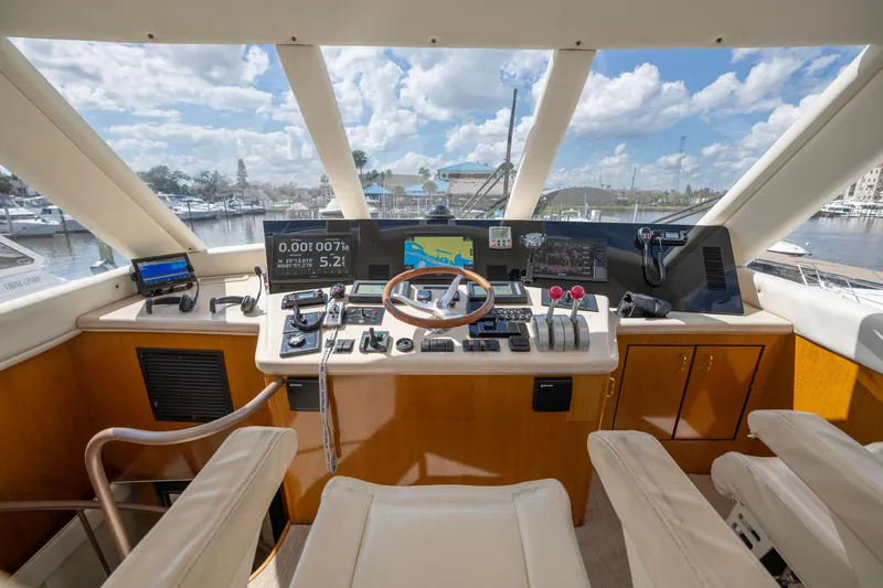 Slide: The Image of Helm of 2003 Ocean Yachts 62 Super Sport EB with navigation equipment and panoramic view. - 23
