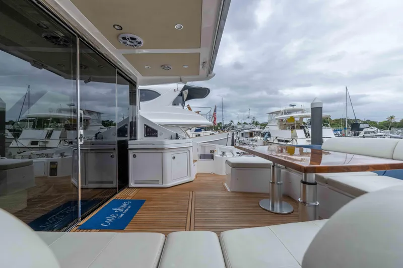 Slide: The Image of Luxurious 2015 Azimut 55S yacht deck with elegant seating and marina view. - 54