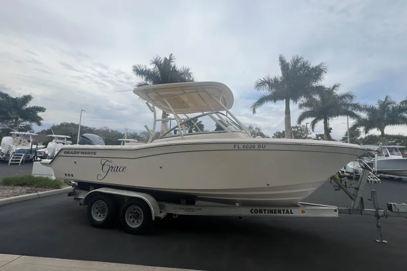 Slide: The Image of 2020 Grady-White Freedom 235 boat dashboard with Garmin navigation system and controls. - 18