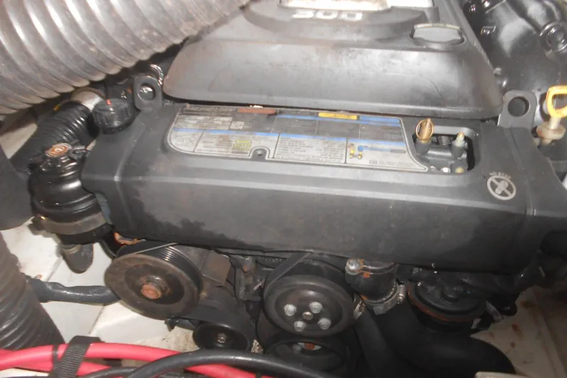 Slide: The Image of Engine of 2019 Monterey 298SS Super Sport boat, showcasing mechanical components. - 15