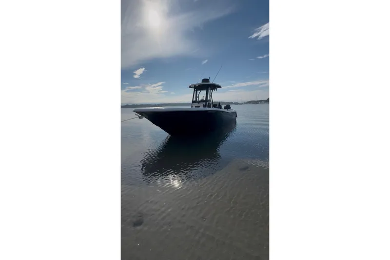Slide: The Image of 2024 Tidewater 256 LXF boat anchored on calm water under a clear sky. - 4