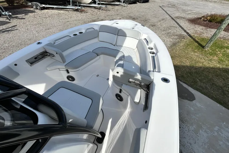 Slide: The Image of 2022 Sea Fox 228 Commander boat interior with white seating and spacious layout. - 14