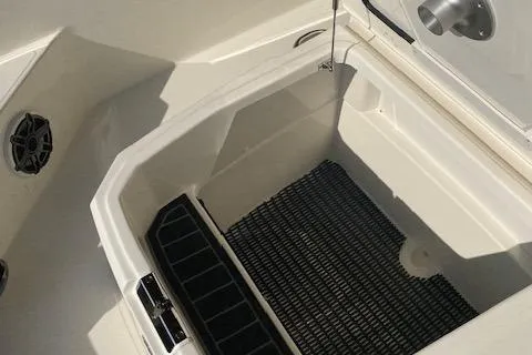 Slide: The Image of 2026 Boston Whaler 250 Dauntless storage compartment with black mat and speaker detail. - 4