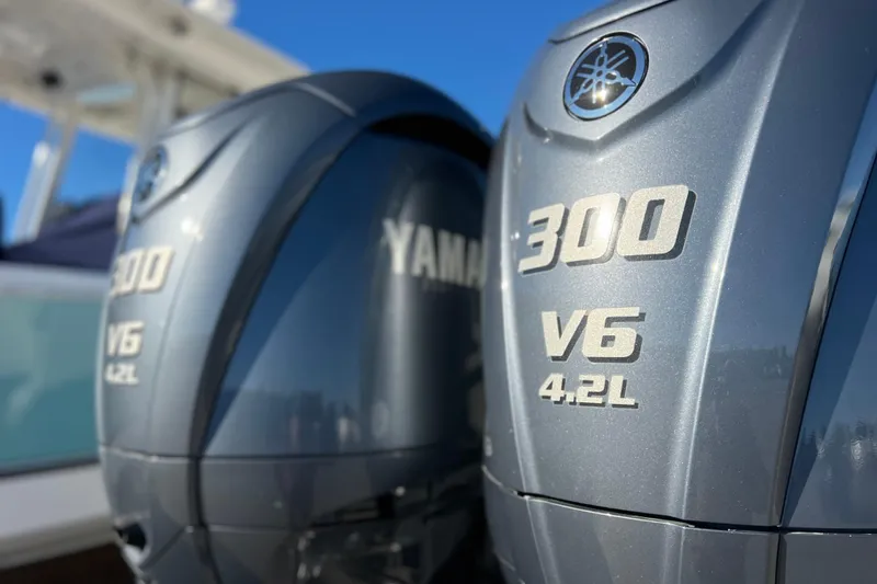 Slide: The Image of Yamaha 300 V6 4.2L outboard engines on 2023 Parker 2820 XLD Sport Cabin boat. - 12