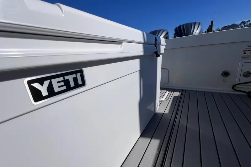 Slide: The Image of YETI cooler on 2023 Parker 2820 XLD Sport Cabin boat deck. - 42