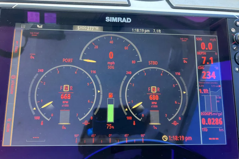 Slide: The Image of Simrad display on 2023 Parker 2820 XLD Sport Cabin showing engine and navigation data. - 91