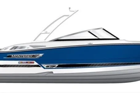 Slide: The Image of 2024 Monterey 275SS Super Sport boat with Mercury engine, featuring sleek seating and modern design. - 14