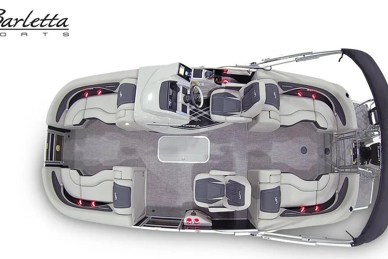Slide: The Image of 2026 Barletta CORSA 23QCSS pontoon boat, top view, showcasing spacious seating and modern design. - 6