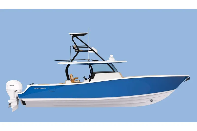 Slide: The Image of Manufacturer Provided Image: 2026 Sportsman Open 402 Center Console boat with blue hull and Yamaha engine. - 2