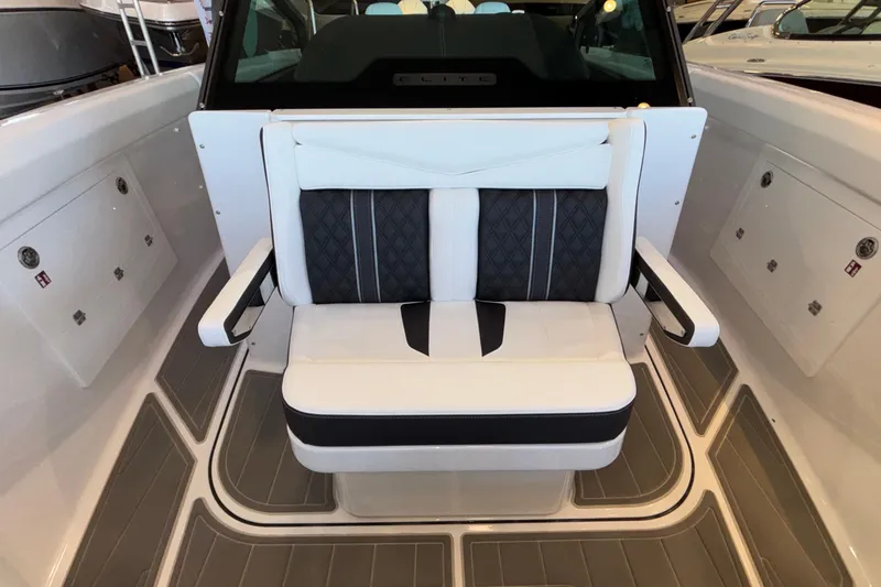 Slide: The Image of Luxury seating on 2026 Monterey Elite 30 OB boat, featuring elegant design and premium materials. - 58