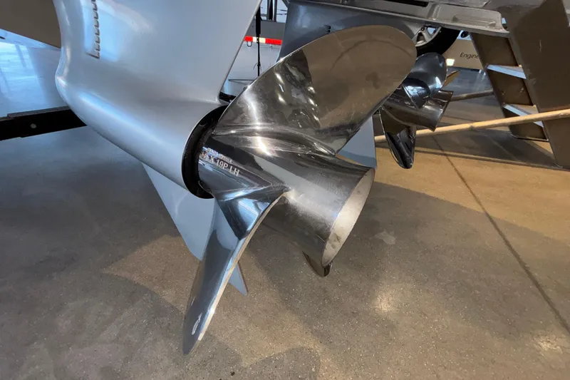 Slide: The Image of Close-up of a 2026 Monterey Elite 30 OB boat propeller on display. - 6