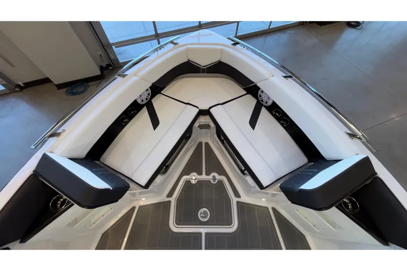 Slide: The Image of Luxurious seating area on 2026 Monterey Elite 30 OB boat, featuring sleek design and modern amenities. - 66