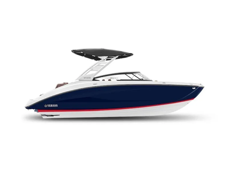 The Image of 2025 Yamaha Boats 252SE, sleek design, blue and white hull, modern canopy. - 0