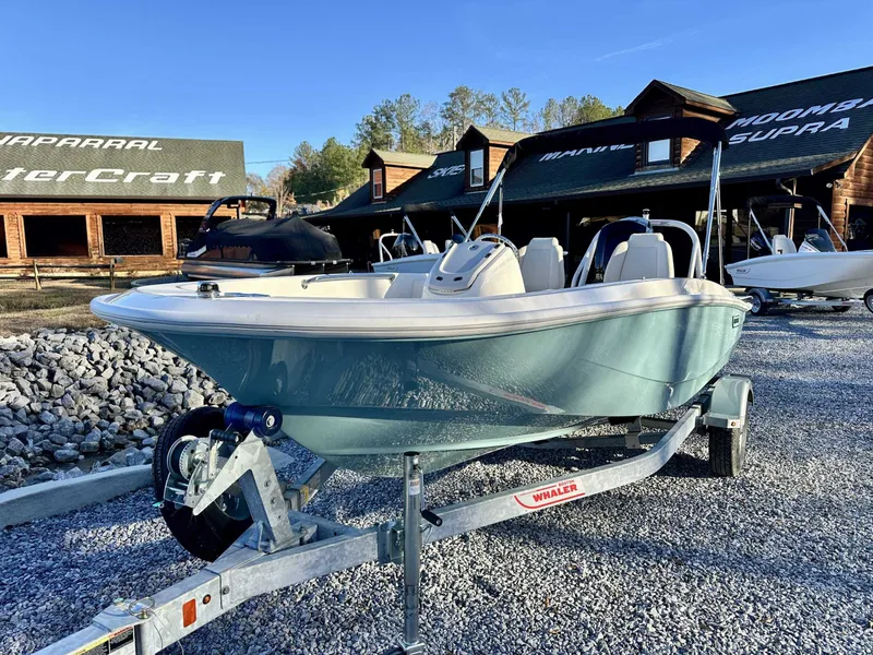 Slide: The Image of 2025 Boston Whaler 160 Super Sport on trailer outdoors. - 3