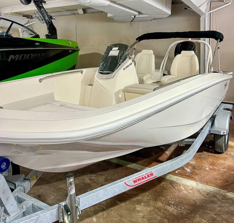 Slide: The Image of 2025 Boston Whaler 160 Super Sport on trailer in storage facility. - 4