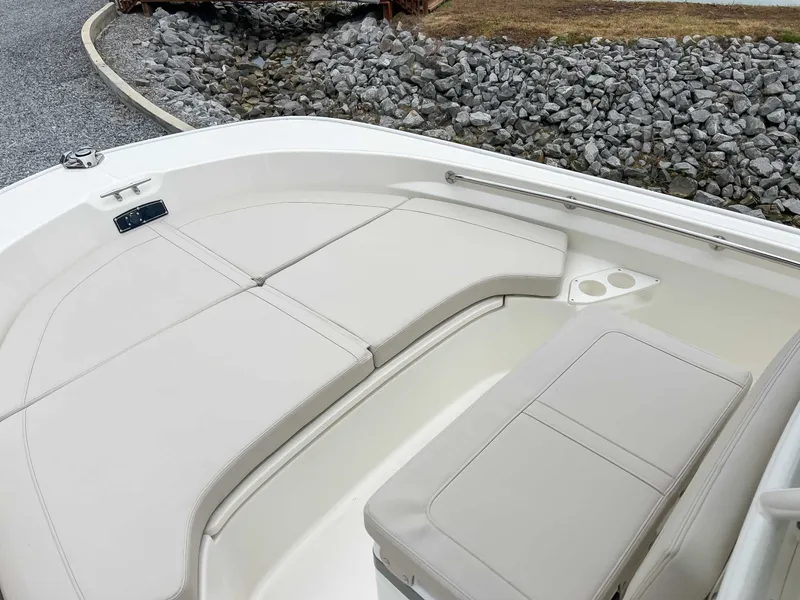 Slide: The Image of Interior of 2025 Boston Whaler 190 Montauk with beige upholstery. - 15