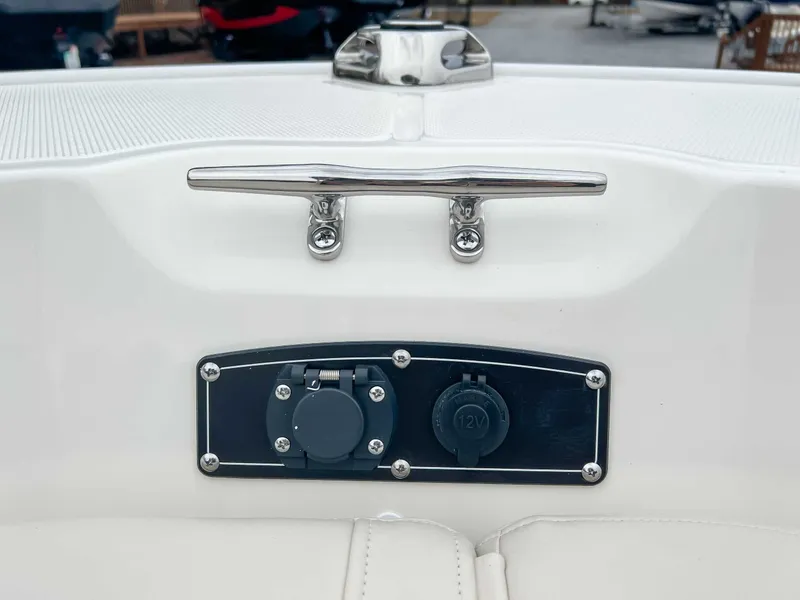 Slide: The Image of Boston Whaler 190 Montauk 2025 boat cleat and power outlet. - 21