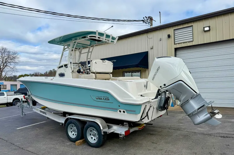 Slide: The Image of 2025 Boston Whaler 230 Outrage on trailer, exterior view. - 7