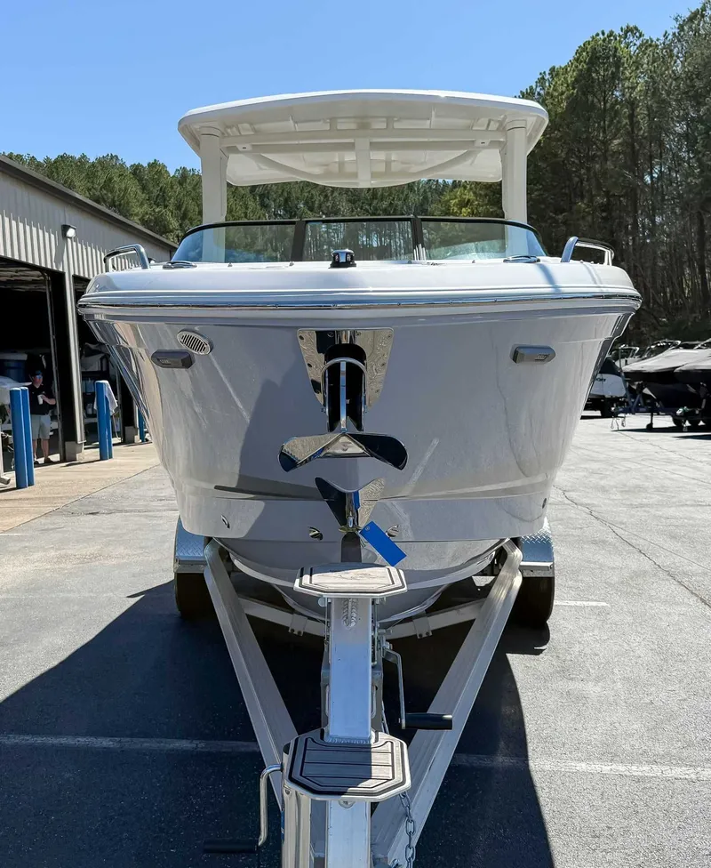 Slide: The Image of 2025 Chaparral 2870 SSX boat on trailer, front view. - 4