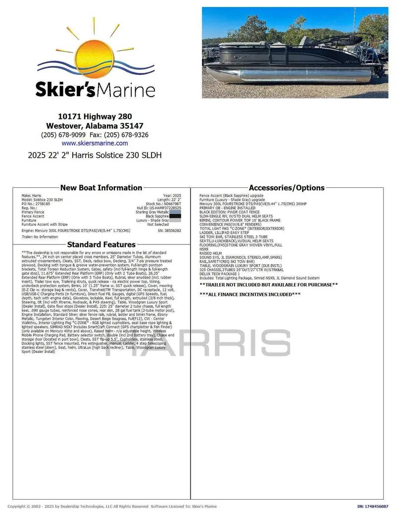 Slide: The Image of Brochure for 2025 Harris Solstice 230 SLDH boat with specifications and options. - 2