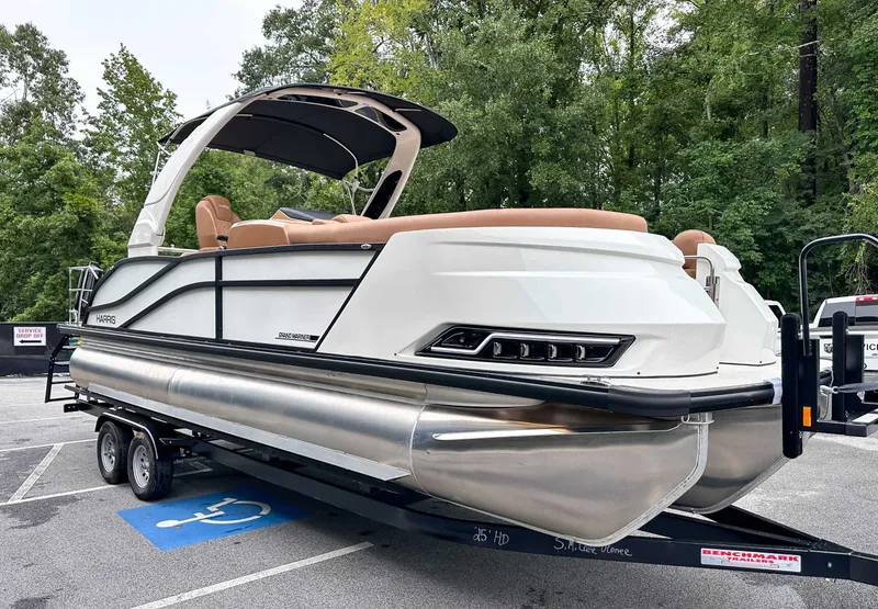 Slide: The Image of 2025 Harris Grand Mariner 230 SLDH pontoon boat on trailer. - 5