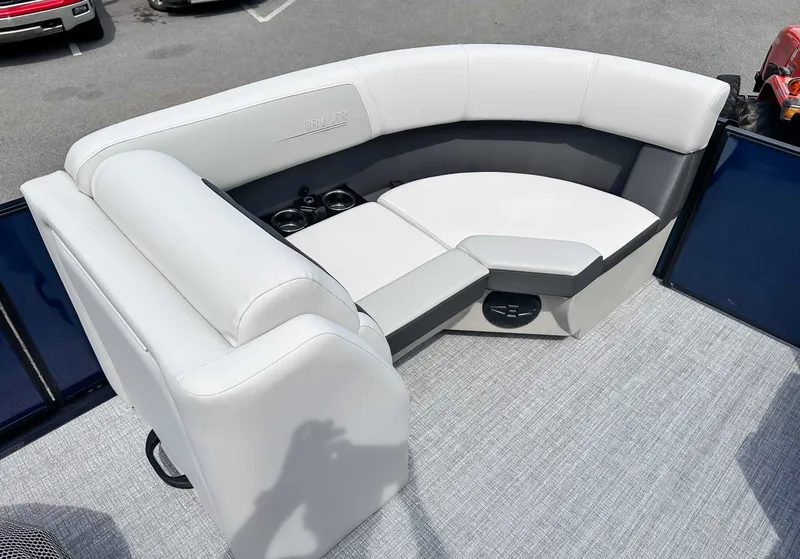 Slide: The Image of Interior of 2026 Harris Cruiser 210 SLDH with gray upholstery. - 11