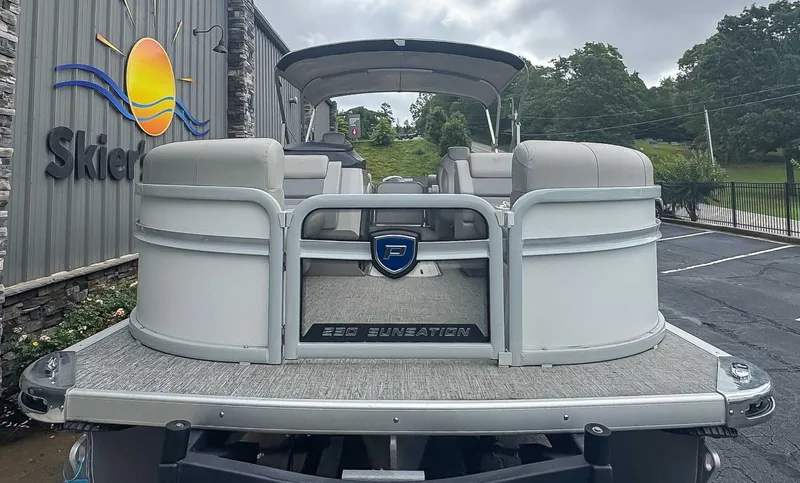 Slide: The Image of 2024 Premier 230 SunSation RF pontoon boat, rear view. - 4