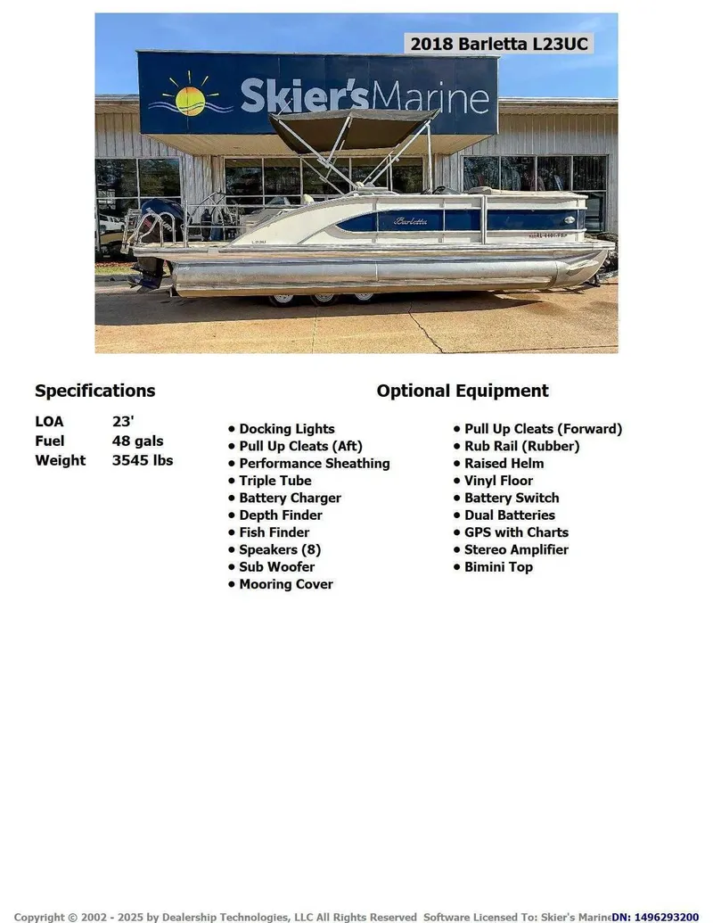Slide: The Image of 2018 Barletta L23UC pontoon boat at Skier's Marine. - 2