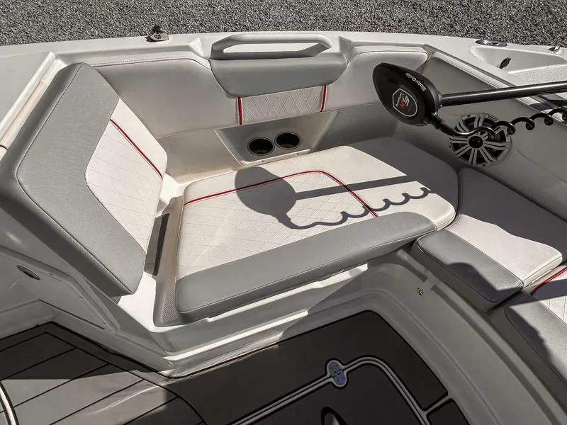 Slide: The Image of Interior of a 2020 Tahoe 2150 boat with gray and white seating. - 14