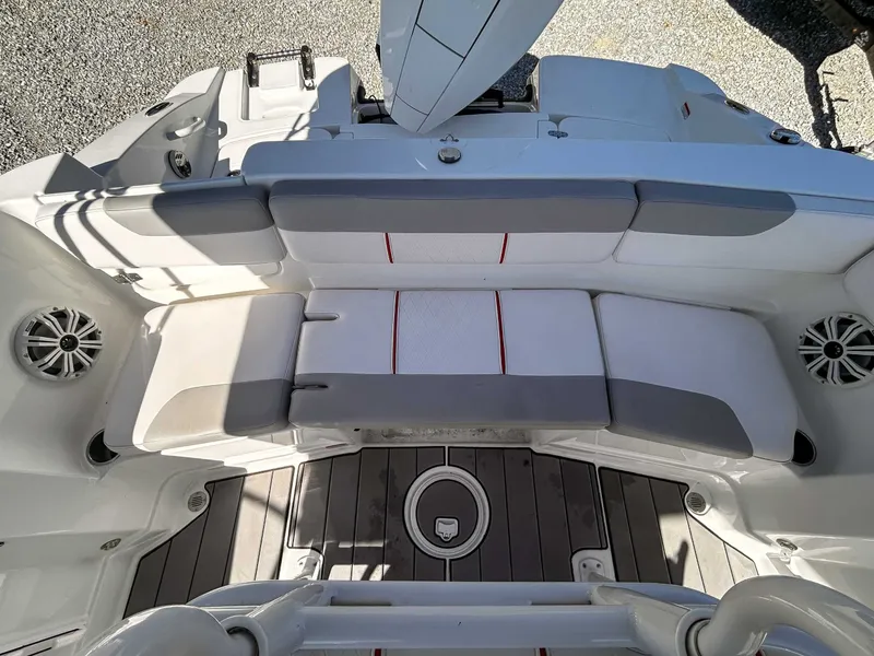 Slide: The Image of Interior of a 2020 Tahoe 2150 boat with gray and white seating. - 18