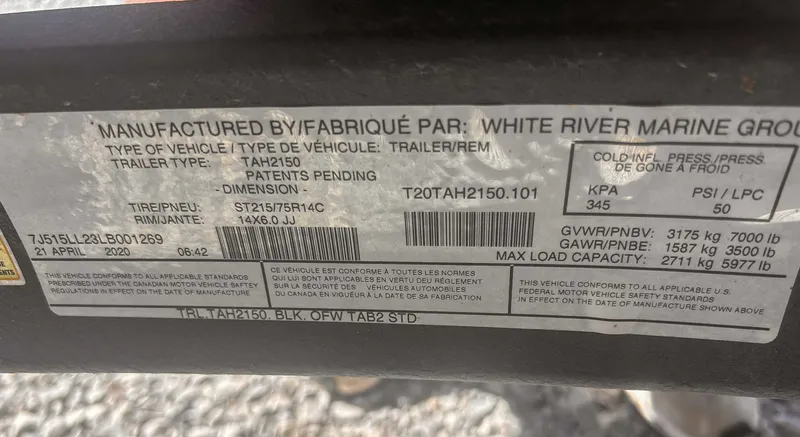 Slide: The Image of Label of Tahoe 2150 trailer, 2020 model, showing technical specifications. - 22